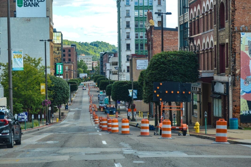 Construction cones along a downtown street.