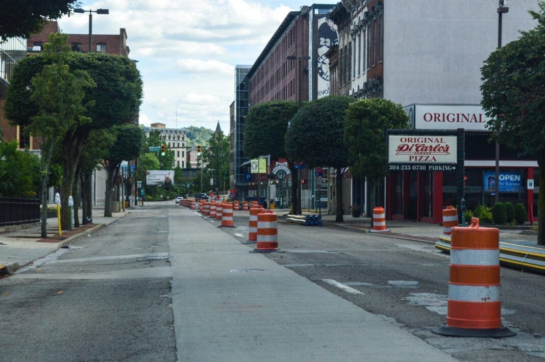 A line of construction barrels.