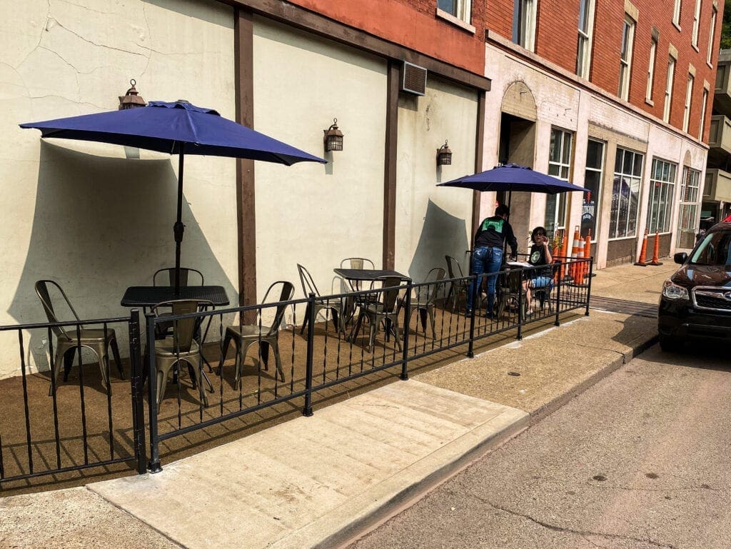 Outdoor seating at a restaurant.