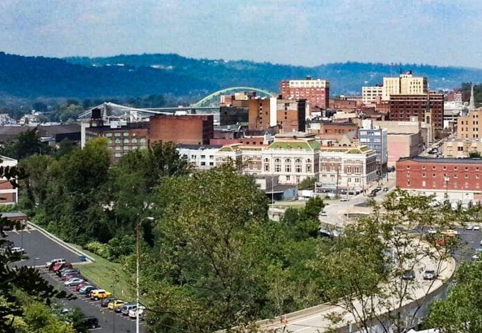 An above view of a small downtown.