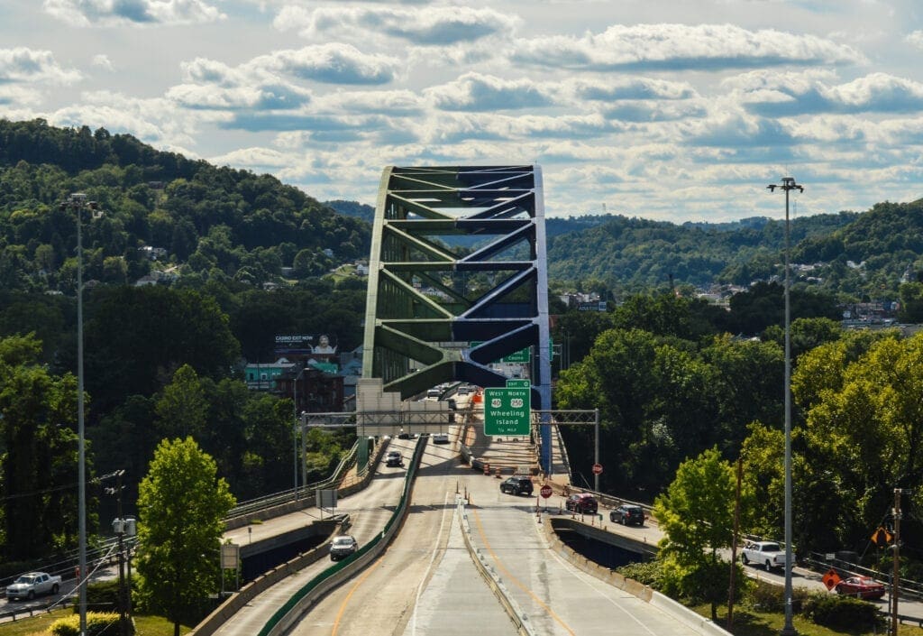 A bridge that is half painted.