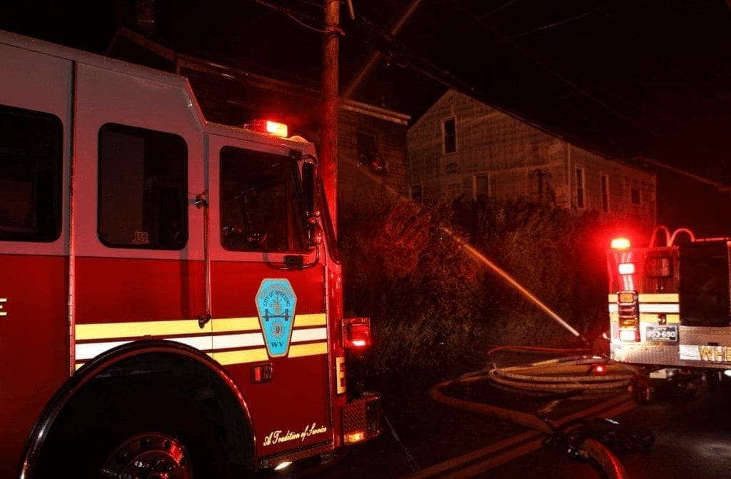 A fire truck at a fire.