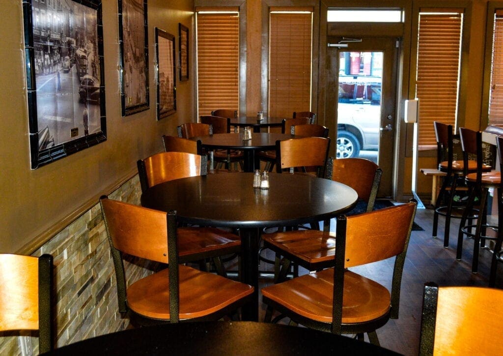 Hightop tables in a restaurant.