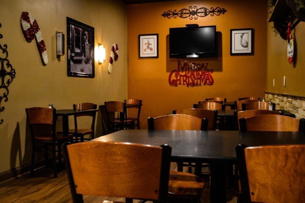 Chairs and tables in an eatery.