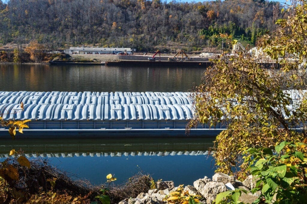 A large barge in a river.