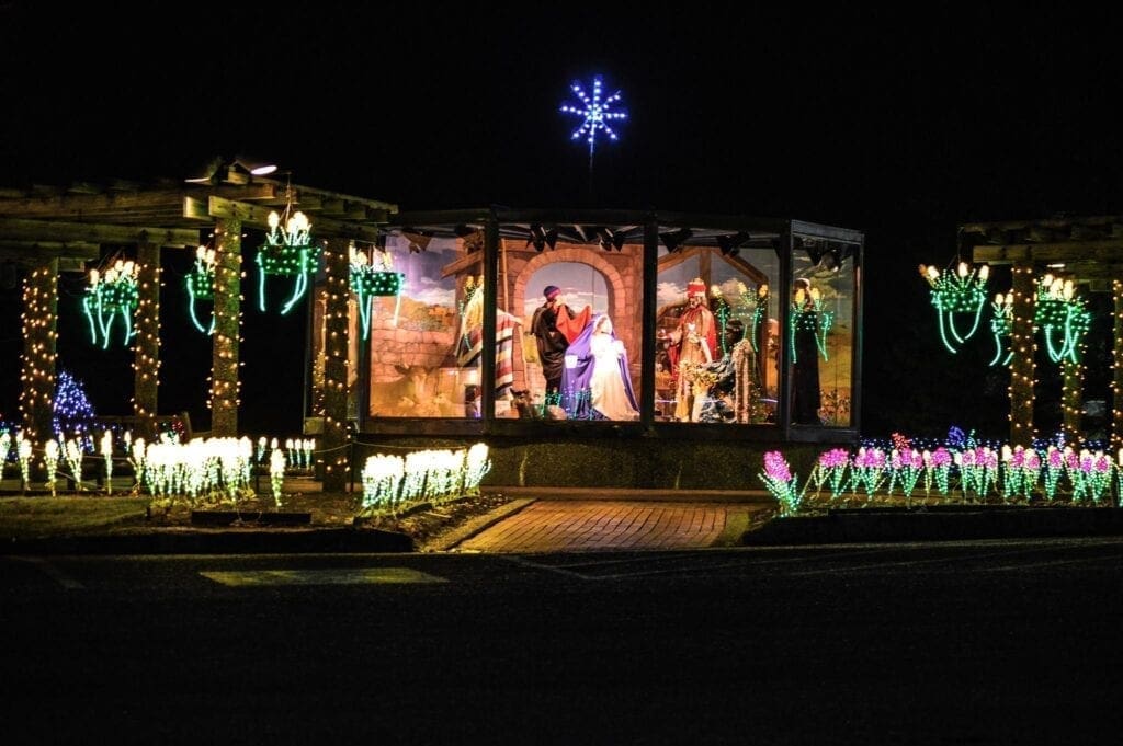 A manger scene in a lights festival.