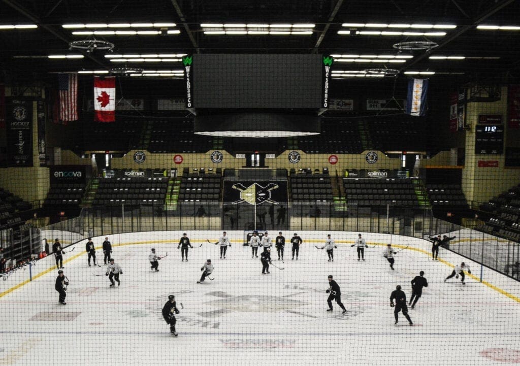 A hockey team in an arena.