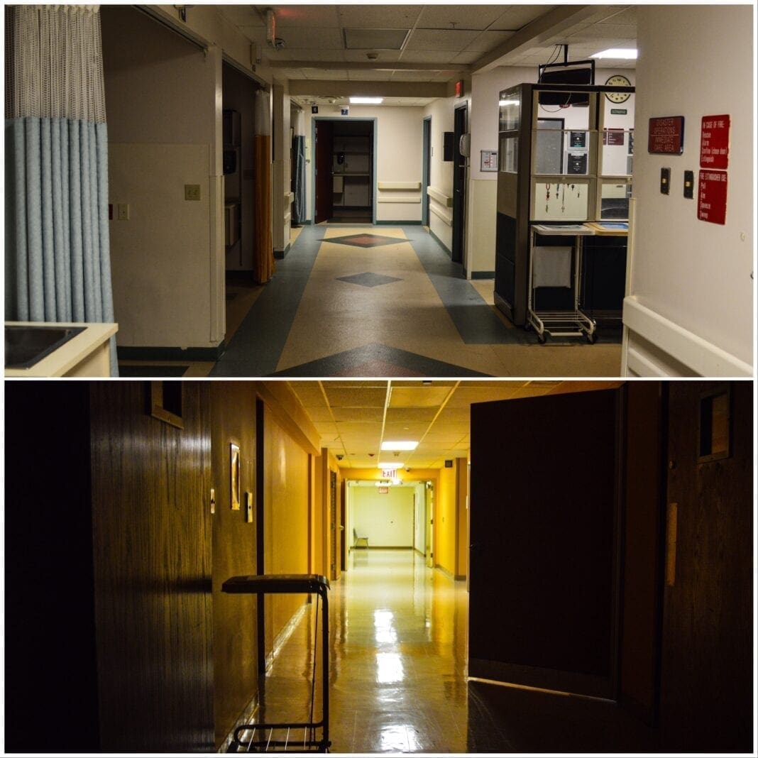 A collage of two hallways.