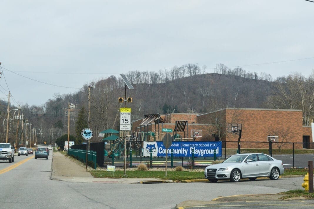 A school along a roadway.