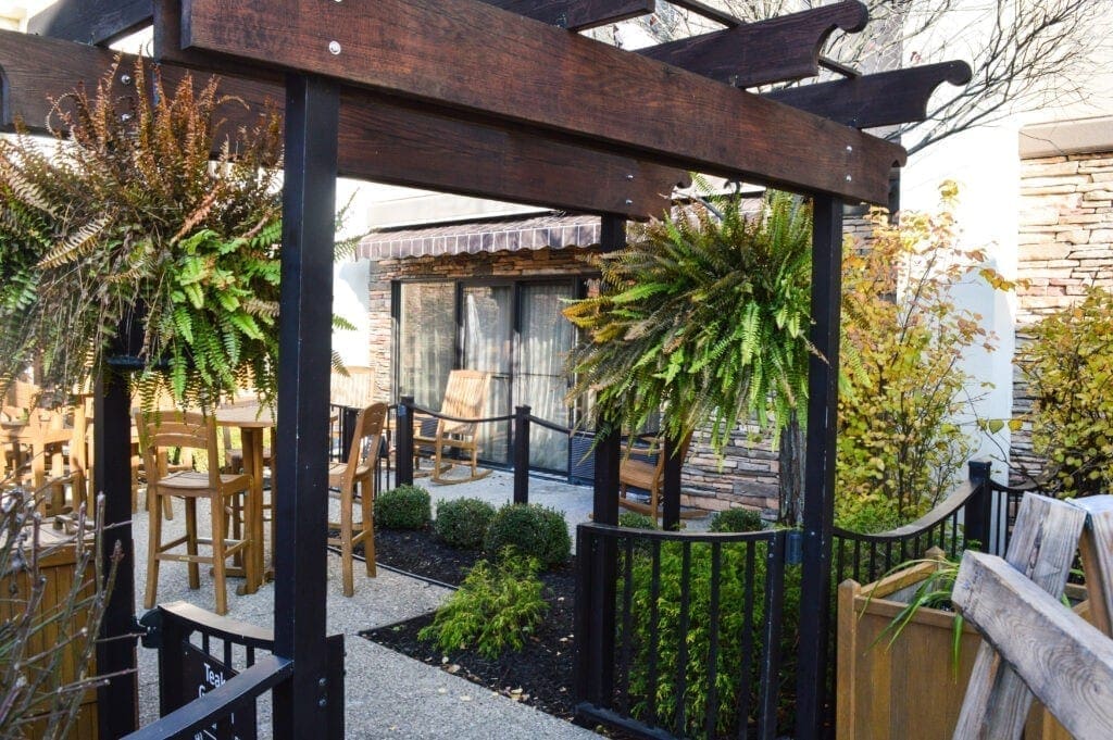 A patio outside a hotel room.