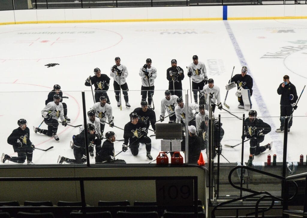 A hockey team during practice.
