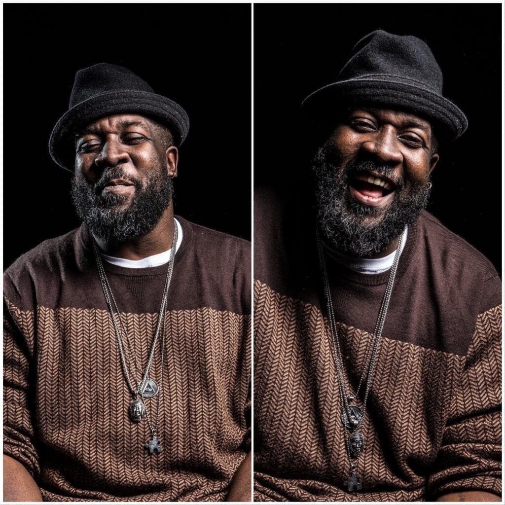 Two photos of a black man laughing.