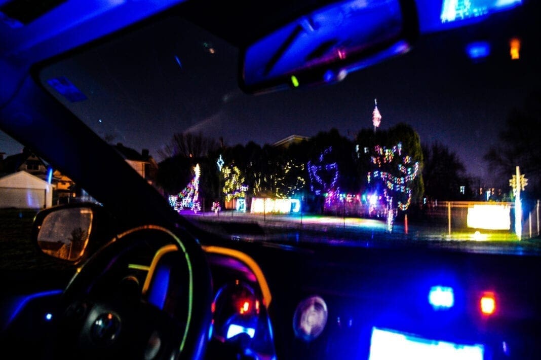 A photo from a car if a light show.