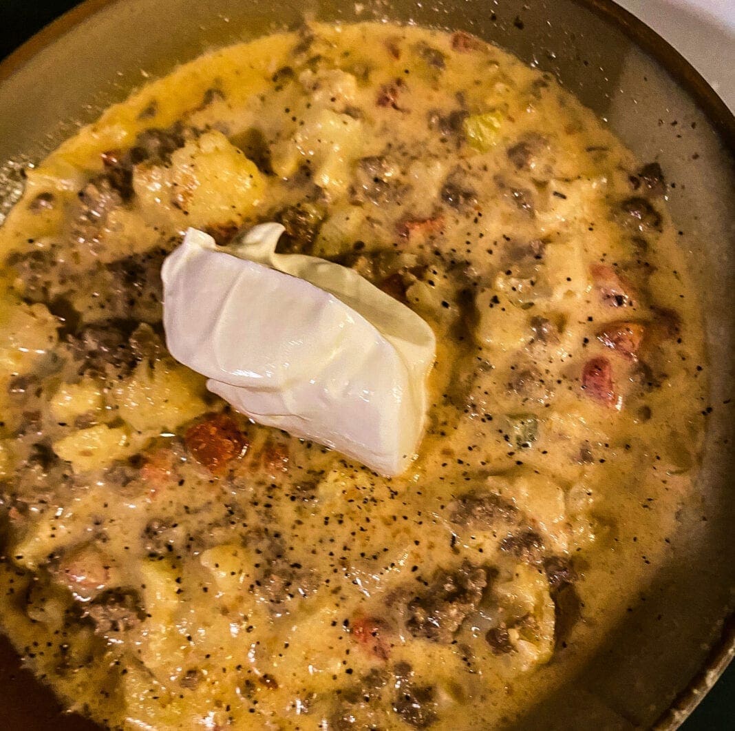 A bowl of cheeseburger soup.