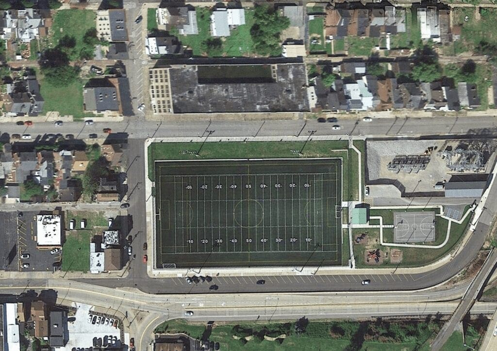 A bird's eye view of an athletic field.