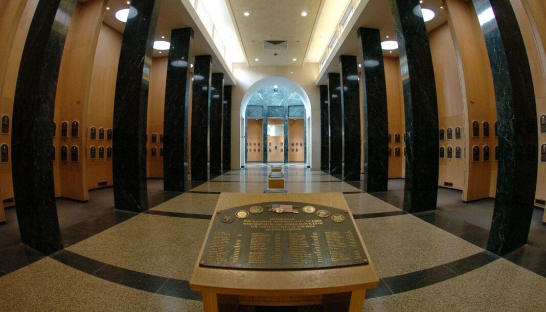 A hallways in a museum.