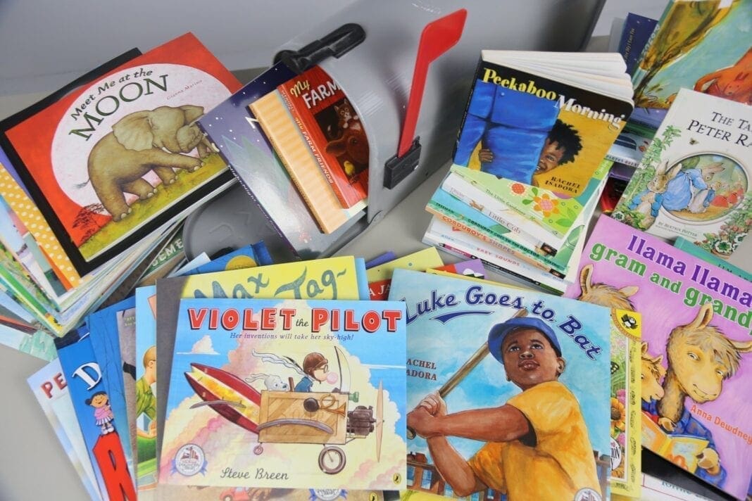 A number of children's books are displayed