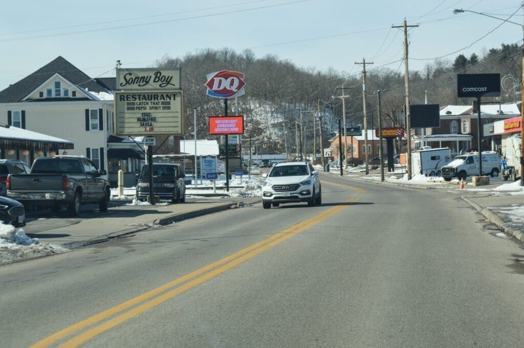 Another view of U.S. 40 in Bridgeport as a vehicle travels eastbound.