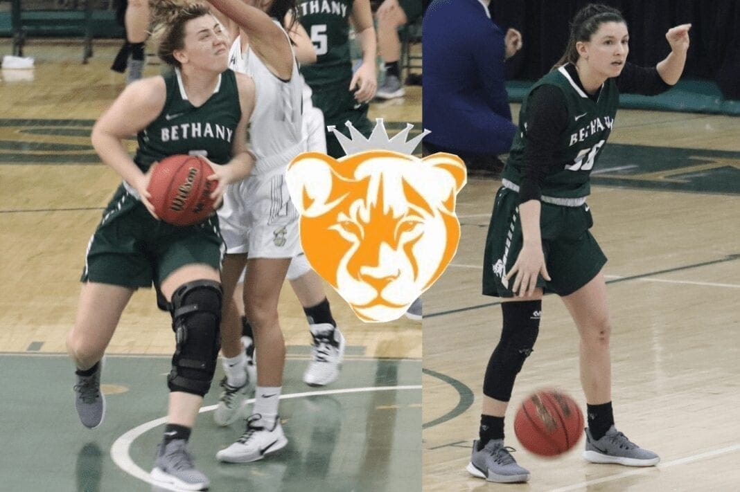 Two college women basketball players, with the logo of their newly formed organization in the center