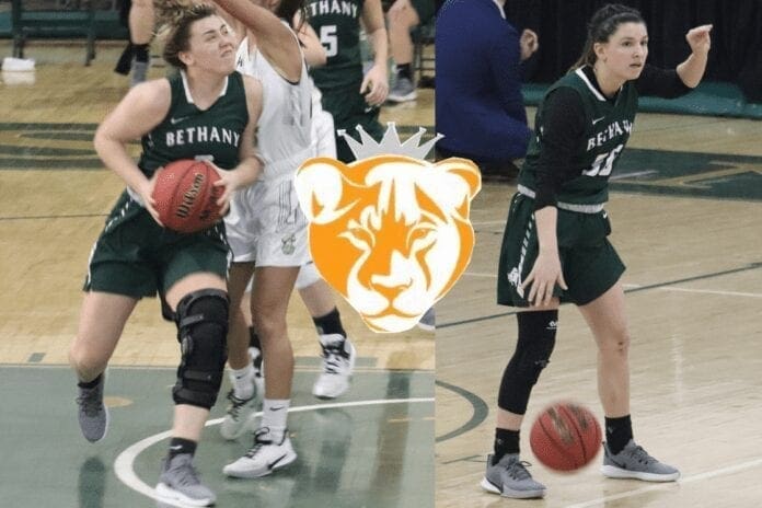 Two college women basketball players, with the logo of their newly formed organization in the center