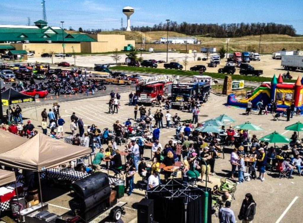 An overhead look at a crowded event.