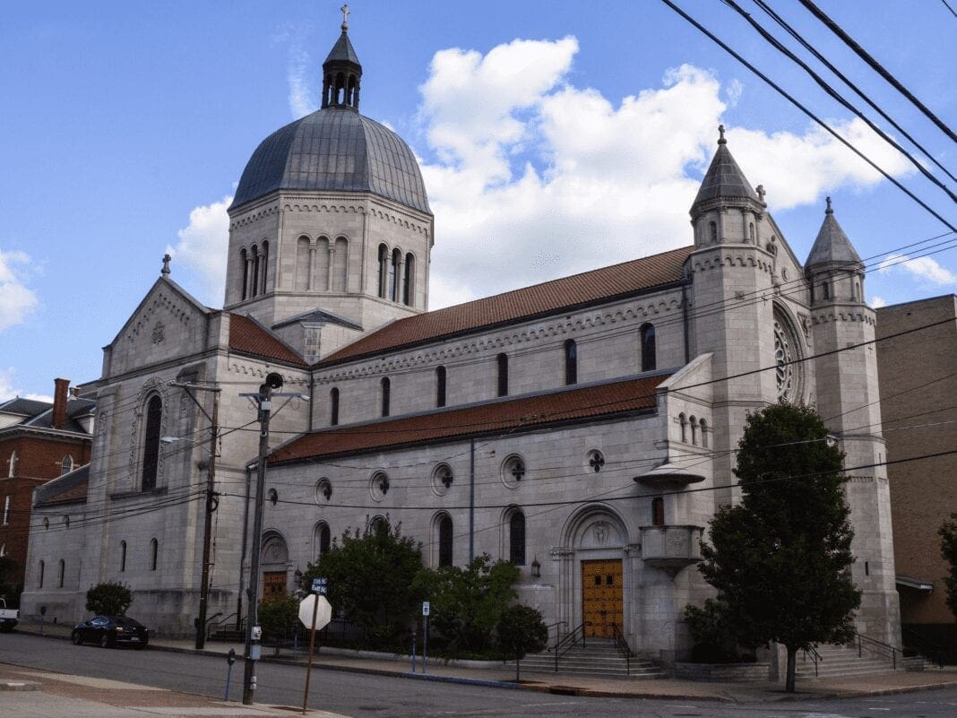 A church along a street.