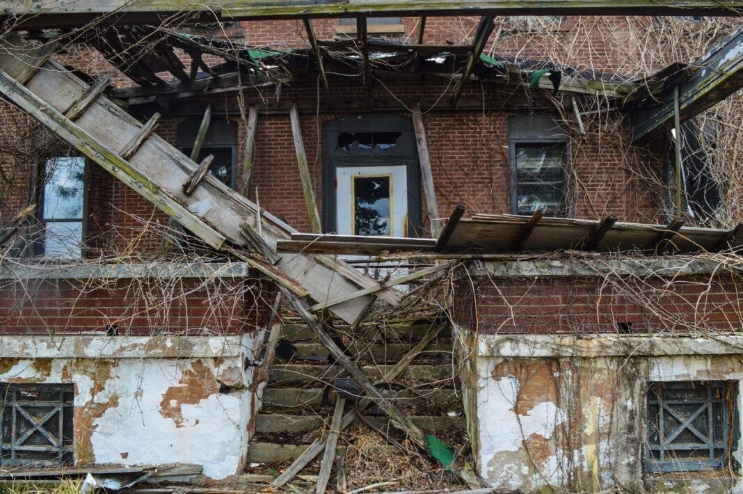 A photo of a collapsed porch.