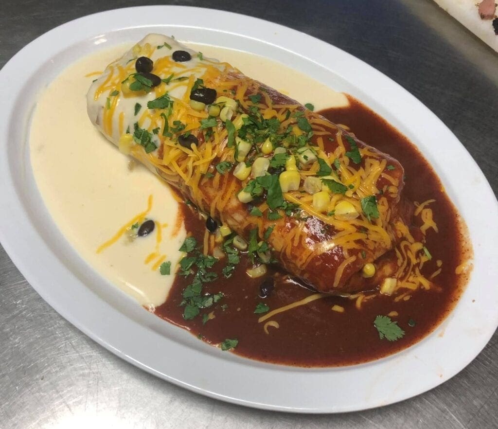 A large burrito on a plate.