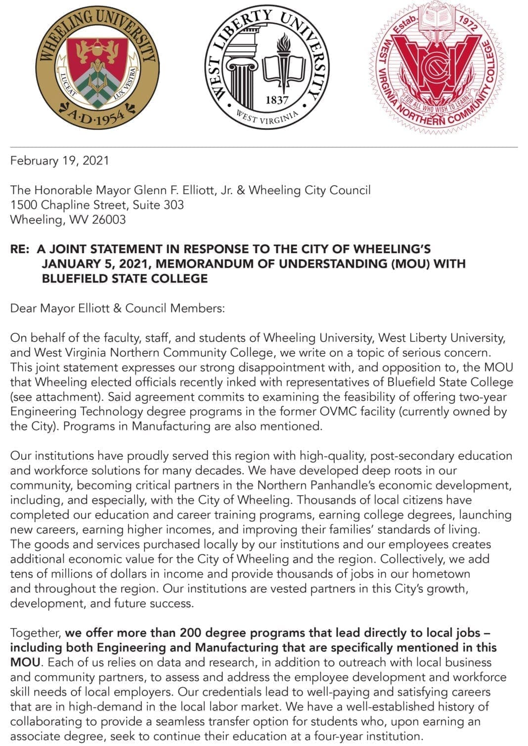 JOint Statement from Local Colleges