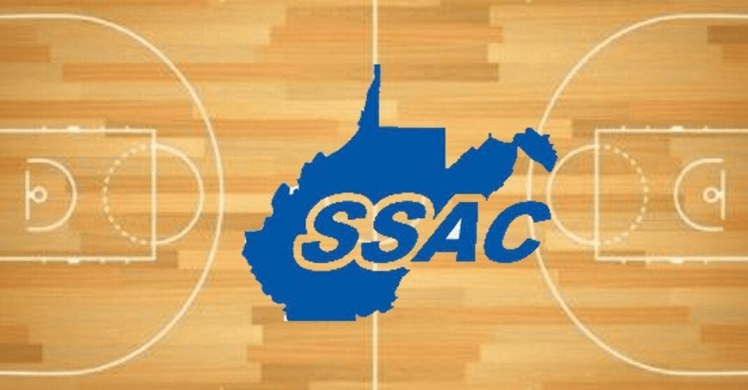 a logo depicting the WVSSAC logo on a basketball court