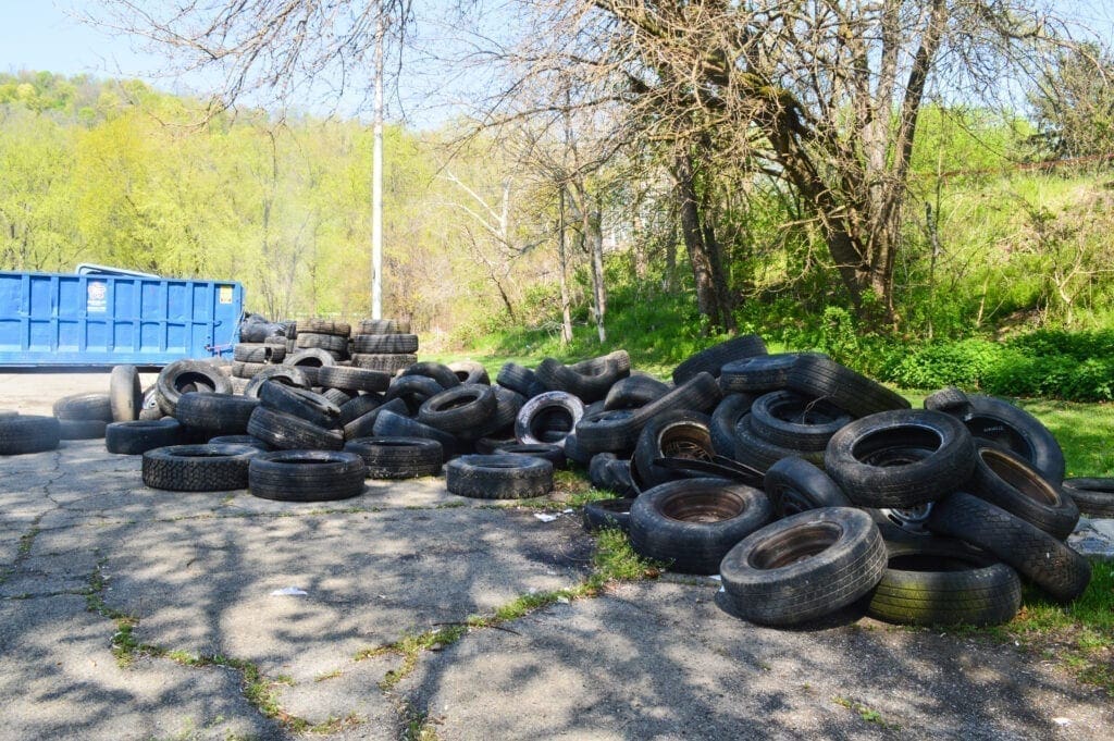 A long pile of tires.