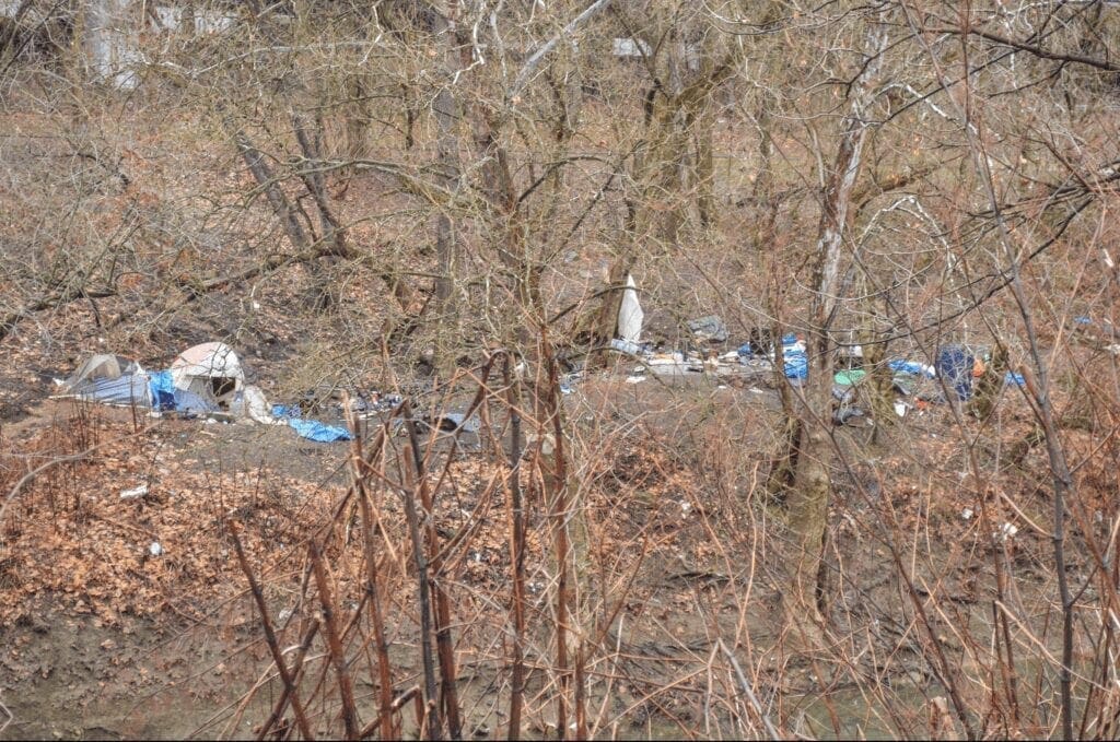 The remnants of a homeless encampment.