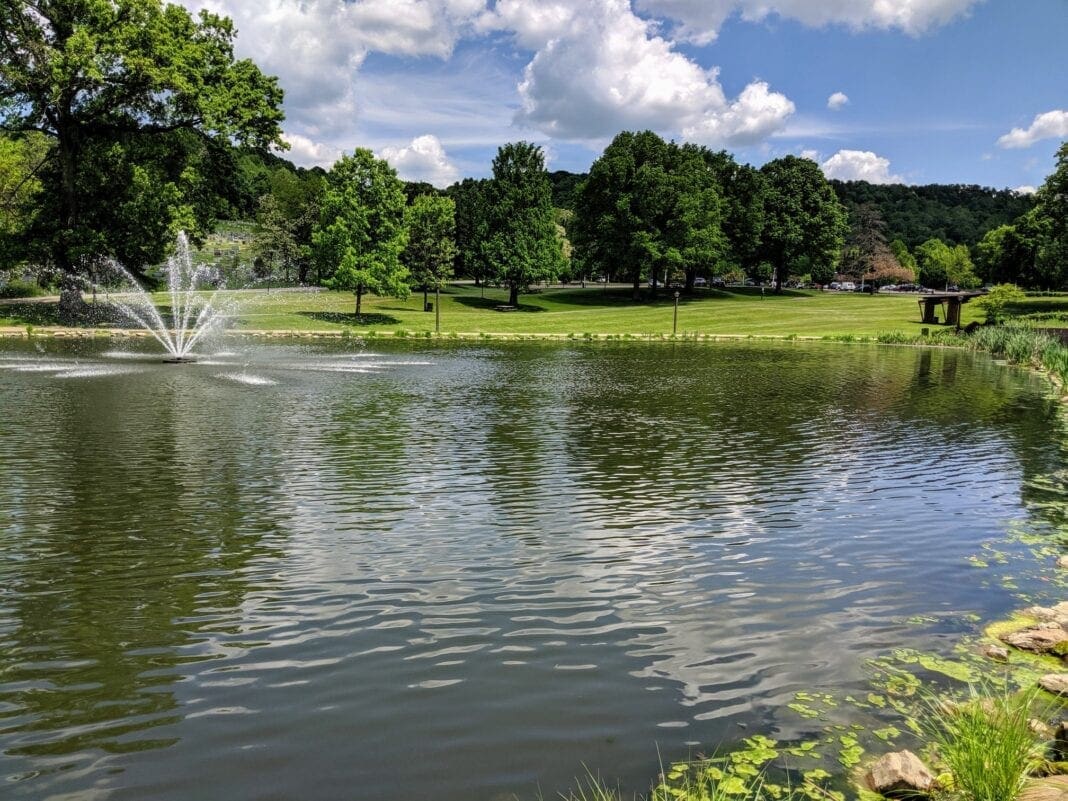 A lake with a fountain.