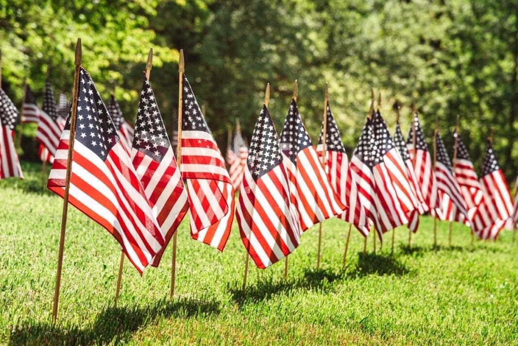 A row of American Flags. Memorial Day