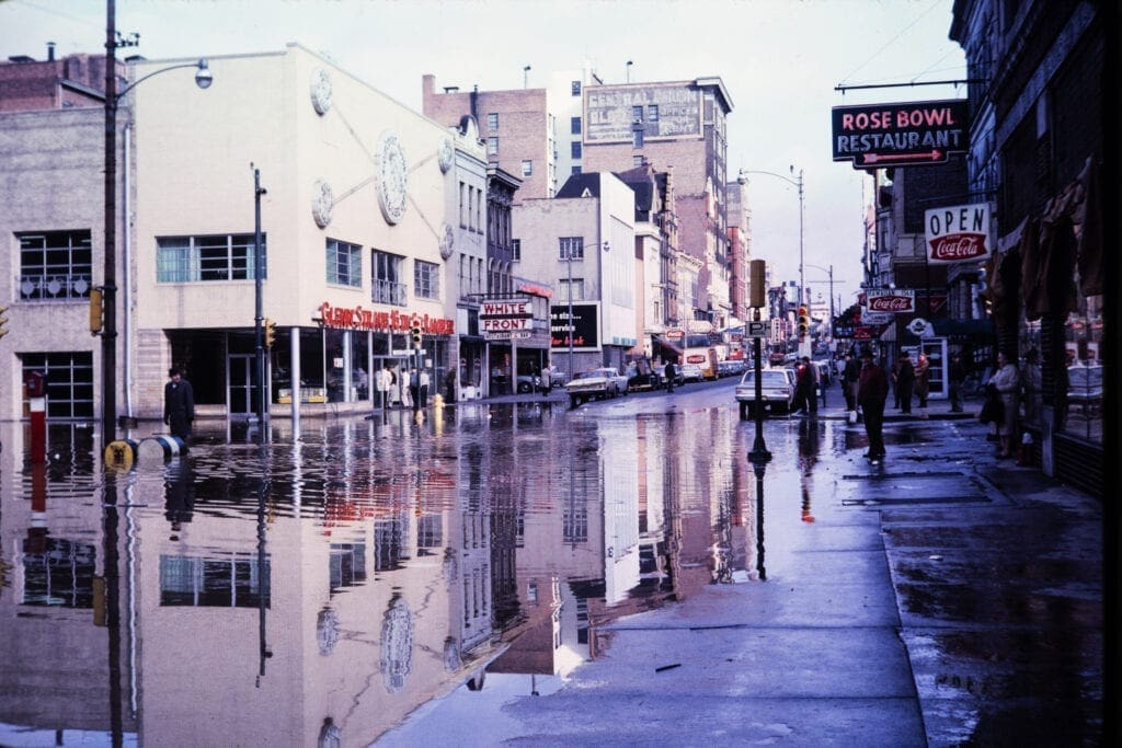 A flooded downtown street.