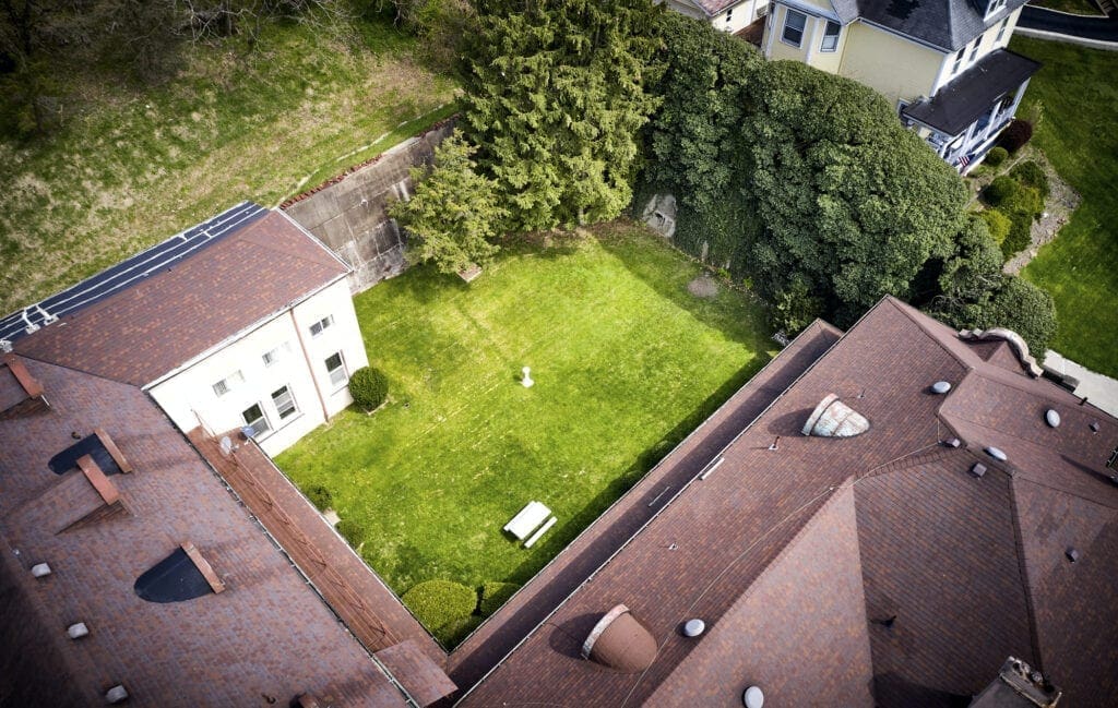 A drone photo of a building.