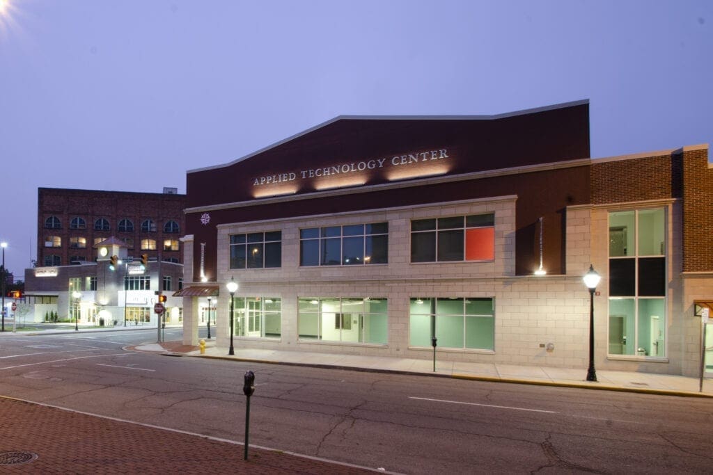 A photo of a lighted building.