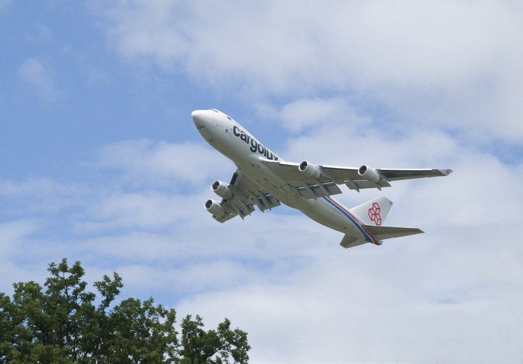 A plane in the sky.