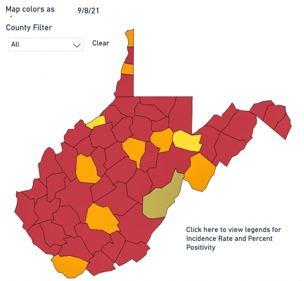 A colored map of West Virginia.