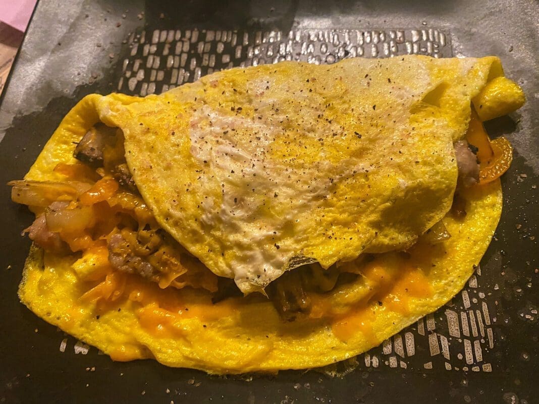 A photo of an omelet.