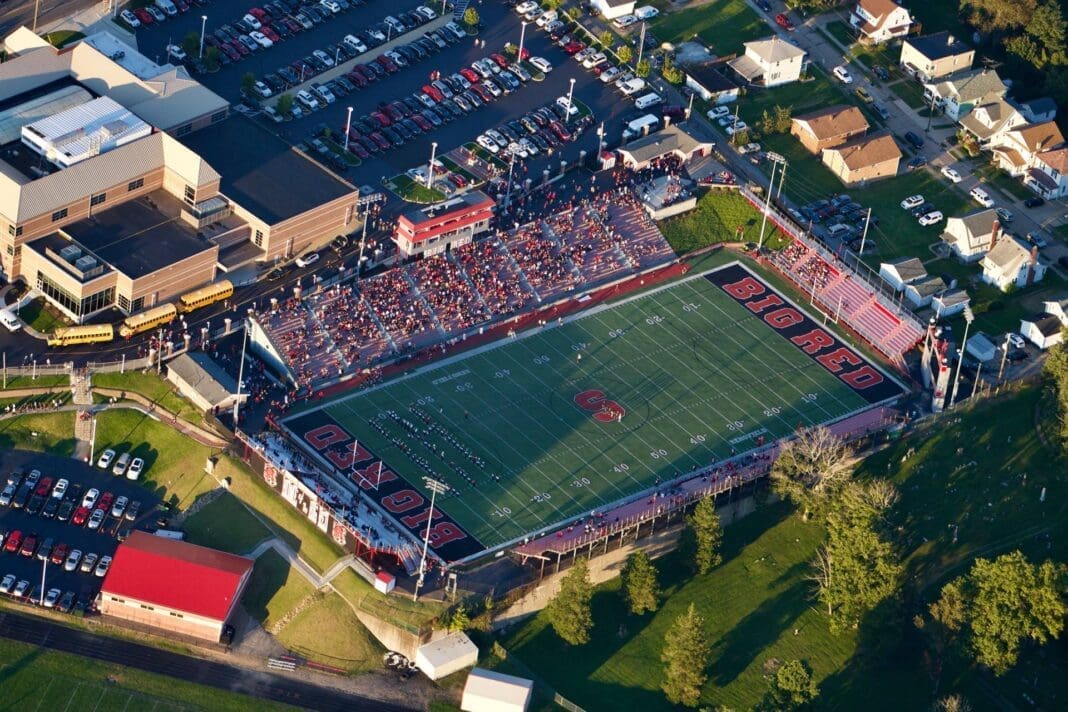 A bird's eye view of a football stadium.