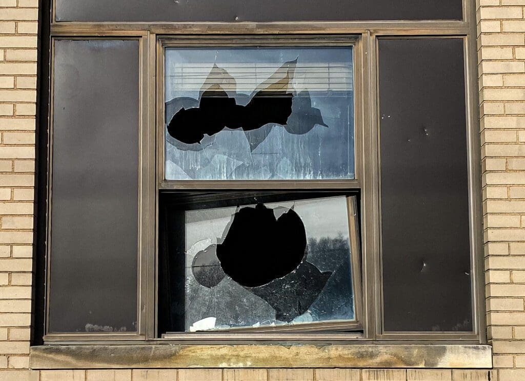 A photo of broken windows.