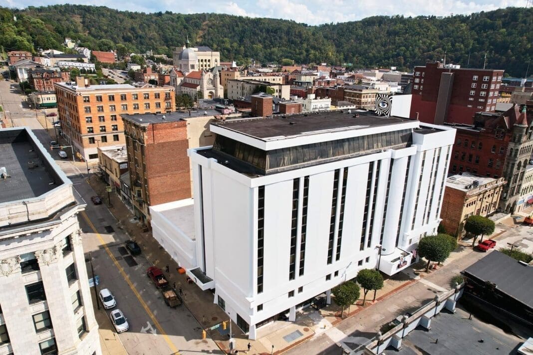 A bird’s eye view of a white building.