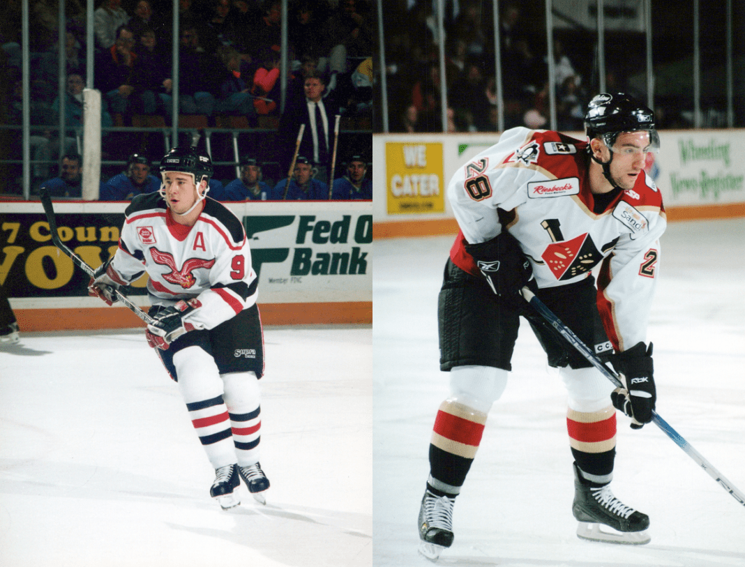 Two hockey players on ice.