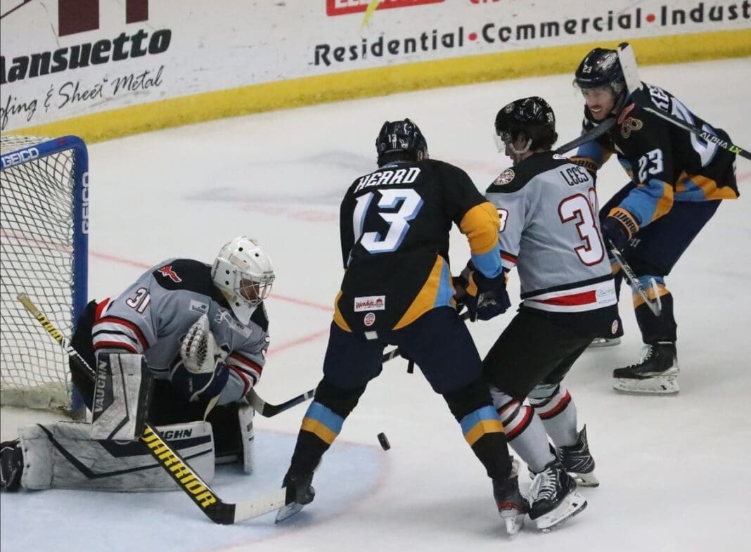 Hockey players on ice.