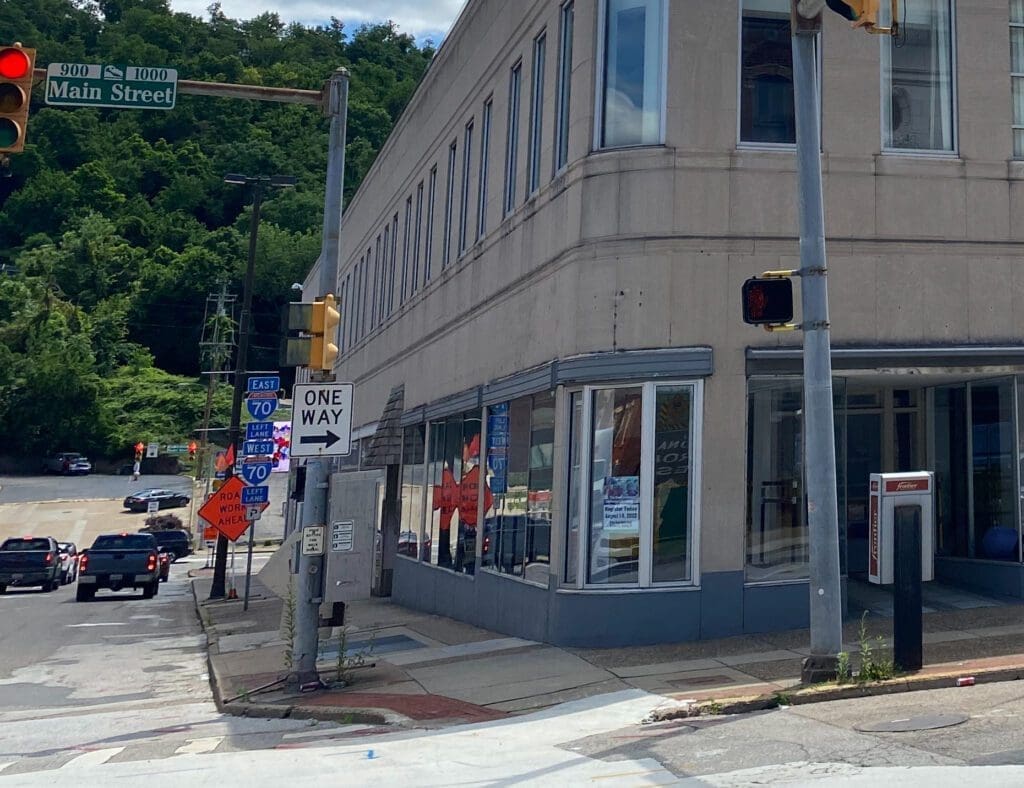 An intersection in a road.