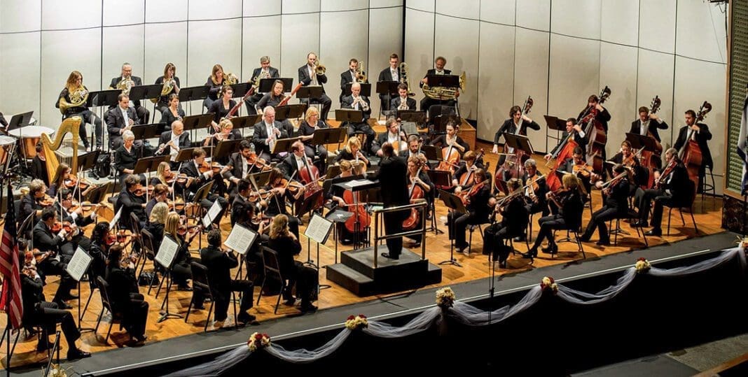 An orchestra on stage.