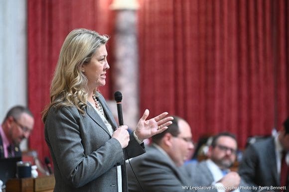 A female speaking to a room of people.