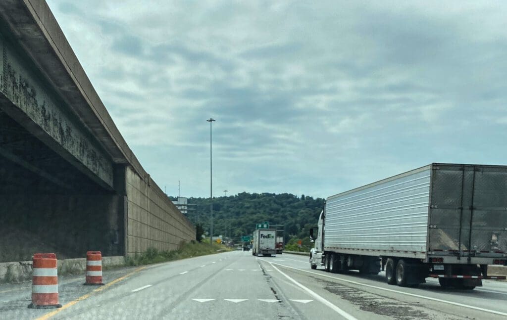 A highway with trucks.