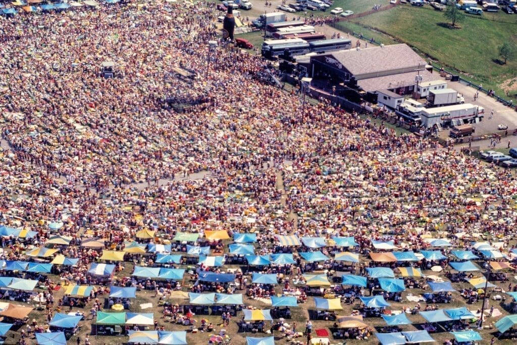 An aerial view of a large crowd.